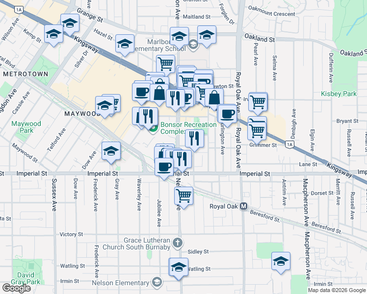 map of restaurants, bars, coffee shops, grocery stores, and more near 4900 Lennox Lane in Burnaby