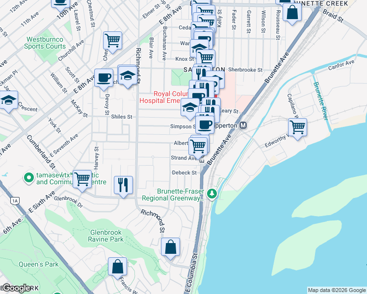 map of restaurants, bars, coffee shops, grocery stores, and more near 320 Alberta Street in New Westminster