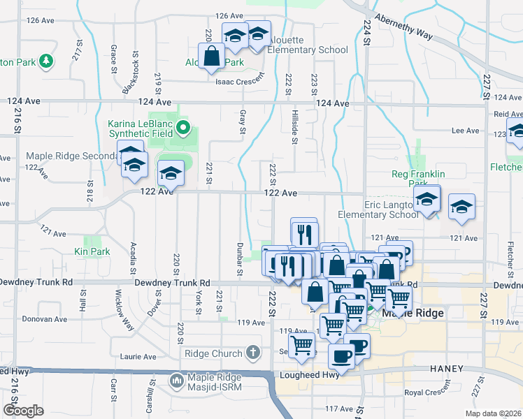 map of restaurants, bars, coffee shops, grocery stores, and more near 12169 222 Street in Maple Ridge