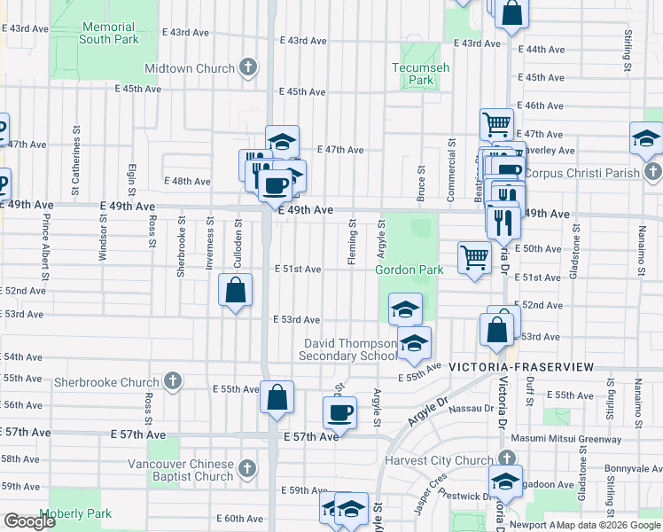 map of restaurants, bars, coffee shops, grocery stores, and more near 1525 East 51st Avenue in Vancouver