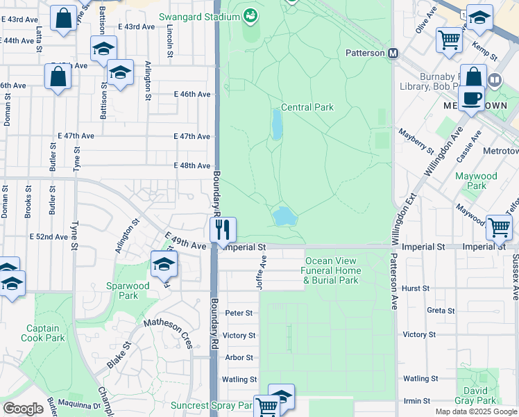 map of restaurants, bars, coffee shops, grocery stores, and more near 3883 Imperial Street in Burnaby