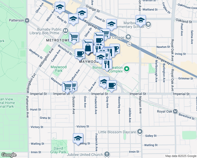 map of restaurants, bars, coffee shops, grocery stores, and more near in Burnaby