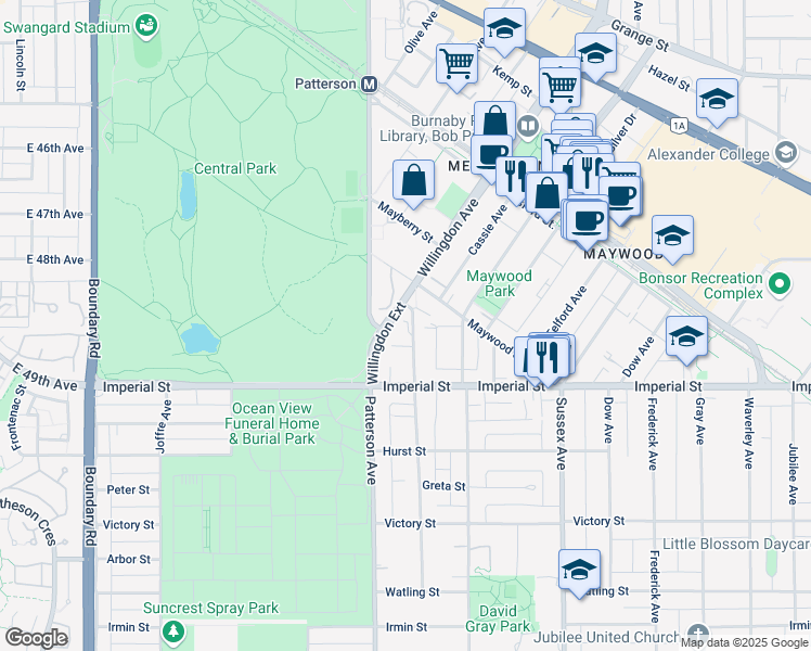 map of restaurants, bars, coffee shops, grocery stores, and more near in Burnaby