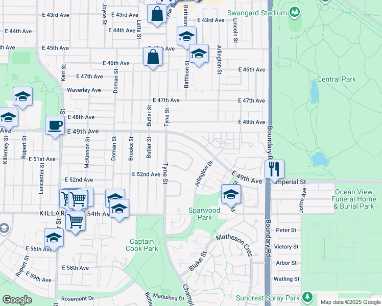 map of restaurants, bars, coffee shops, grocery stores, and more near 3465 East 50th Avenue in Vancouver