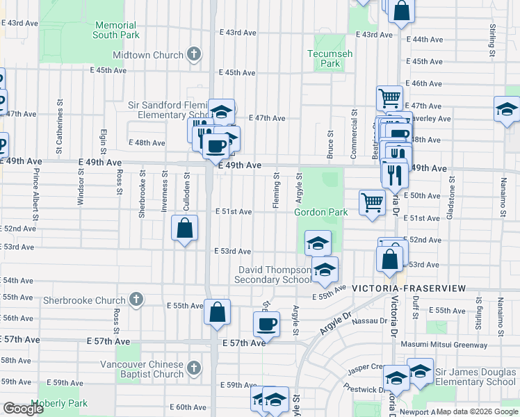 map of restaurants, bars, coffee shops, grocery stores, and more near 1525 East 51st Avenue in Vancouver
