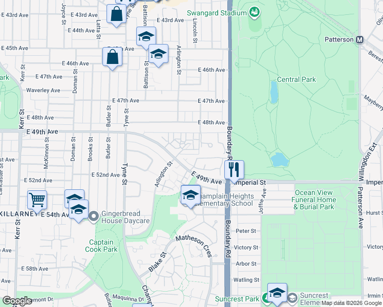 map of restaurants, bars, coffee shops, grocery stores, and more near 3461 East 49th Avenue in Vancouver