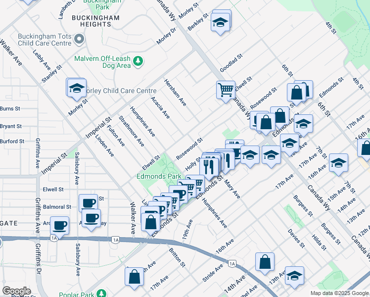 map of restaurants, bars, coffee shops, grocery stores, and more near 7487 Rosewood Street in Burnaby