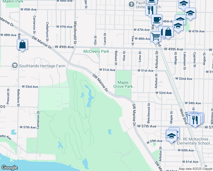 map of restaurants, bars, coffee shops, grocery stores, and more near 2517 Southwest Marine Drive in Vancouver
