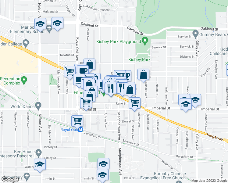 map of restaurants, bars, coffee shops, grocery stores, and more near 5501 Kingsway in Burnaby