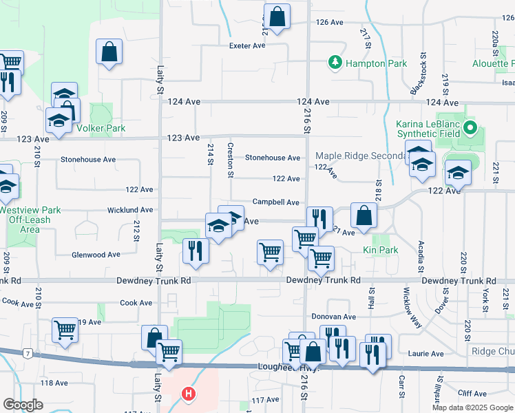 map of restaurants, bars, coffee shops, grocery stores, and more near 21488 Campbell Avenue in Maple Ridge