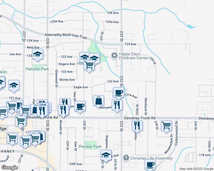 map of restaurants, bars, coffee shops, grocery stores, and more near 12174 231 Street in Maple Ridge