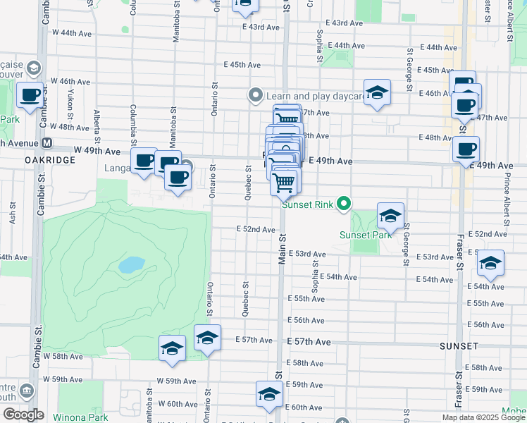 map of restaurants, bars, coffee shops, grocery stores, and more near 150 East 51st Avenue in Vancouver