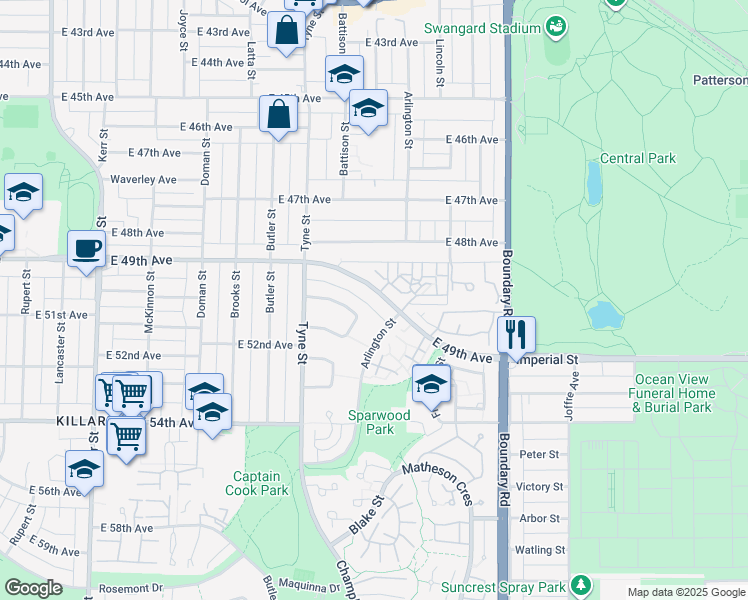 map of restaurants, bars, coffee shops, grocery stores, and more near 3496 East 49th Avenue in Vancouver