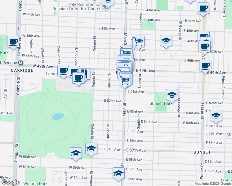 map of restaurants, bars, coffee shops, grocery stores, and more near 150 East 51st Avenue in Vancouver