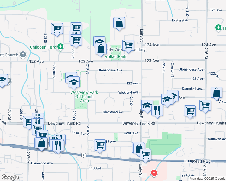 map of restaurants, bars, coffee shops, grocery stores, and more near 21127 Wicklund Avenue in Maple Ridge