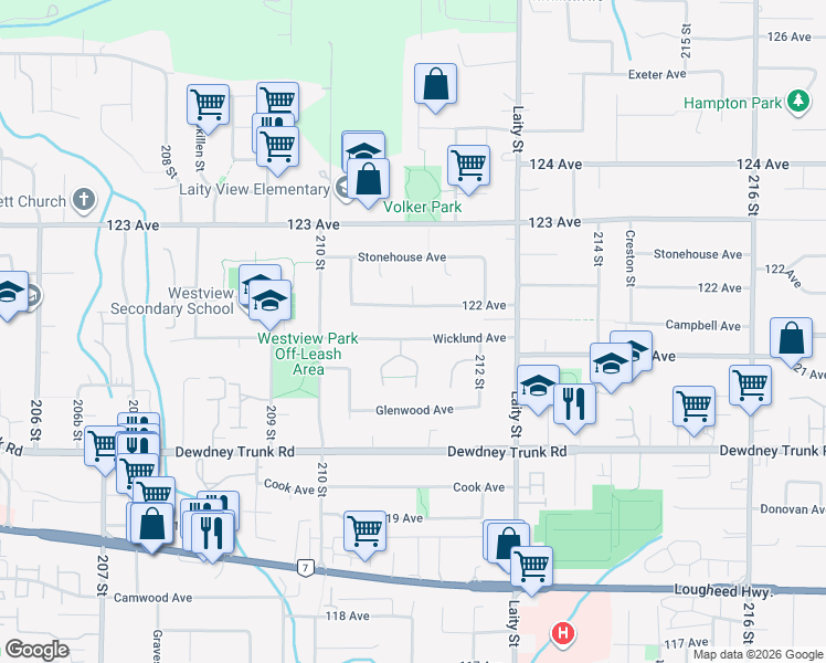map of restaurants, bars, coffee shops, grocery stores, and more near 21136 122 Avenue in Maple Ridge
