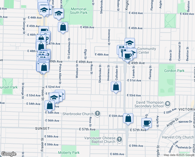 map of restaurants, bars, coffee shops, grocery stores, and more near 1191 East 51st Avenue in Vancouver