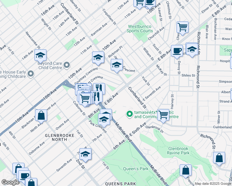 map of restaurants, bars, coffee shops, grocery stores, and more near in New Westminster