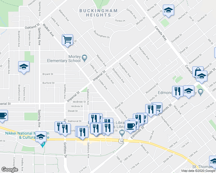 map of restaurants, bars, coffee shops, grocery stores, and more near 6666 Linden Avenue in Burnaby