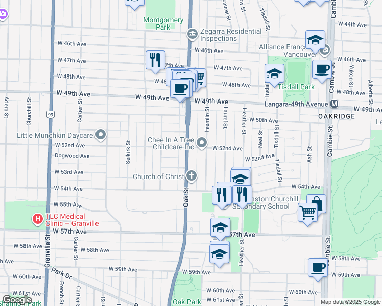 map of restaurants, bars, coffee shops, grocery stores, and more near 6816 Oak Street in Vancouver