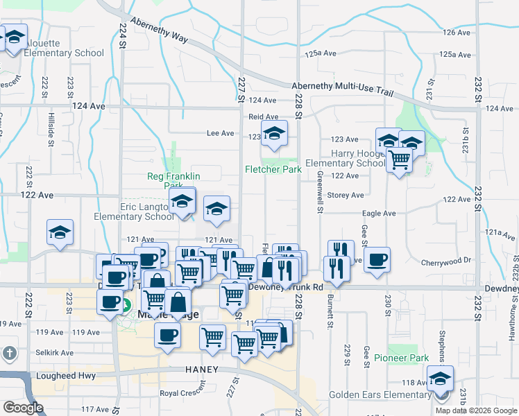 map of restaurants, bars, coffee shops, grocery stores, and more near 12179 Fletcher Street in Maple Ridge