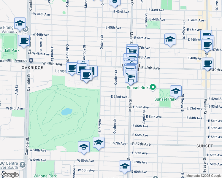 map of restaurants, bars, coffee shops, grocery stores, and more near 78 East 51st Avenue in Vancouver