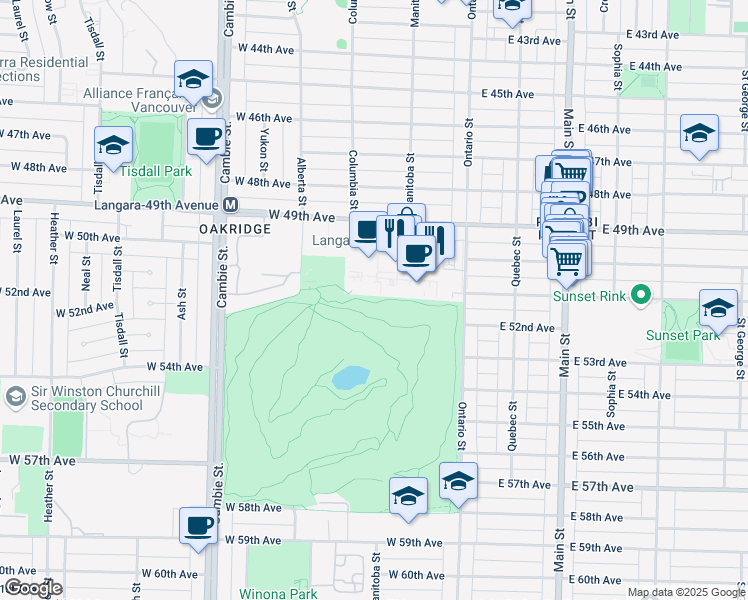 map of restaurants, bars, coffee shops, grocery stores, and more near Langara Trail in Vancouver