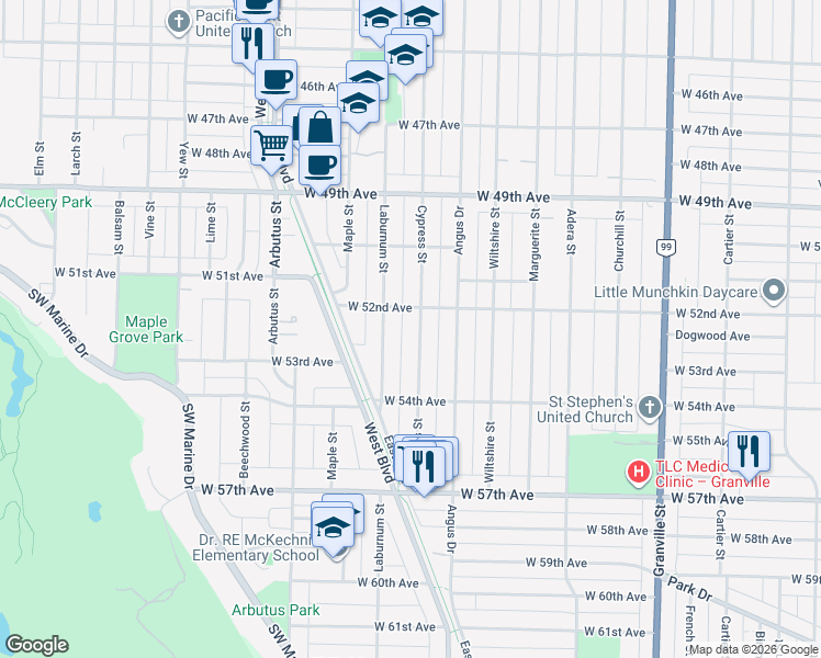map of restaurants, bars, coffee shops, grocery stores, and more near 6853 Cypress Street in Vancouver