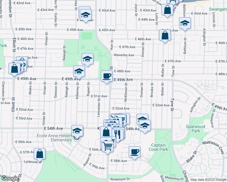 map of restaurants, bars, coffee shops, grocery stores, and more near 3116 East 50th Avenue in Vancouver