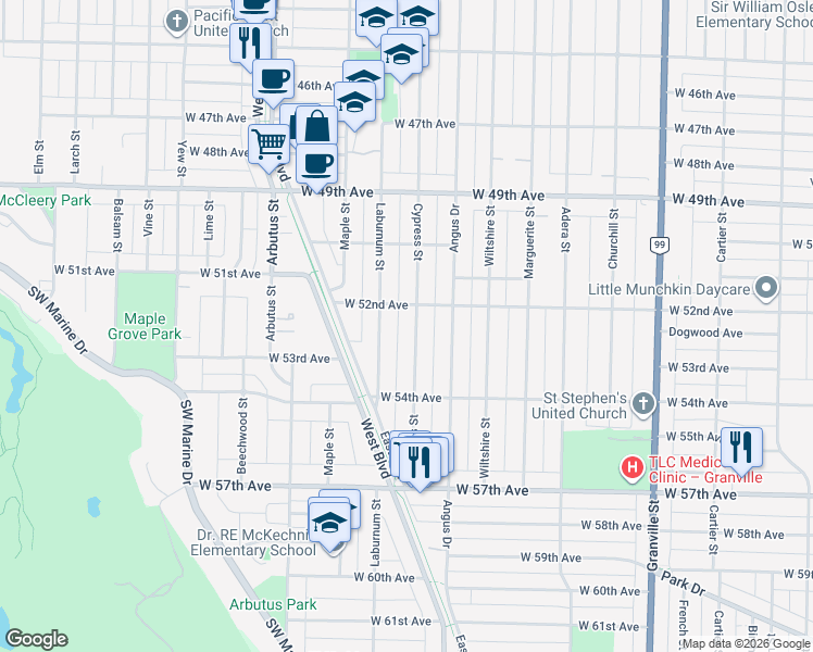 map of restaurants, bars, coffee shops, grocery stores, and more near 6851 Cypress Street in Vancouver
