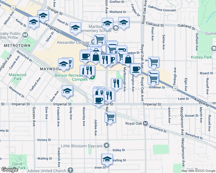 map of restaurants, bars, coffee shops, grocery stores, and more near in Burnaby