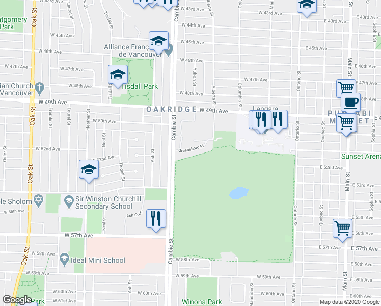 map of restaurants, bars, coffee shops, grocery stores, and more near 406 Greensboro Place in Vancouver