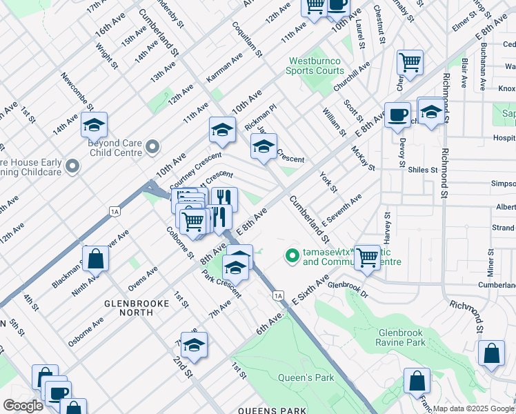 map of restaurants, bars, coffee shops, grocery stores, and more near 43 East 8th Avenue in New Westminster
