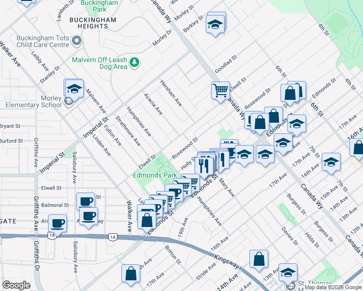map of restaurants, bars, coffee shops, grocery stores, and more near 7489 Rosewood Street in Burnaby
