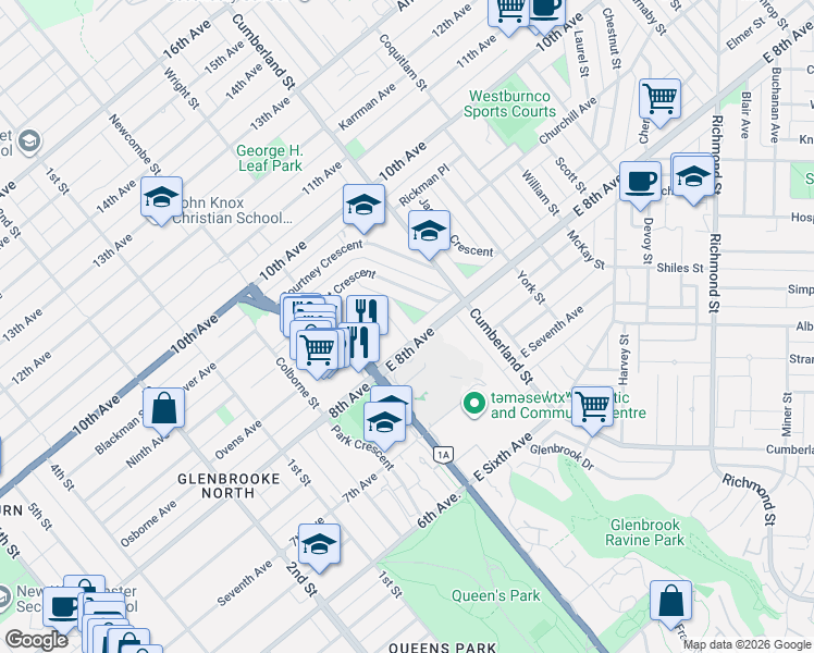 map of restaurants, bars, coffee shops, grocery stores, and more near 807 Sangster Place in New Westminster