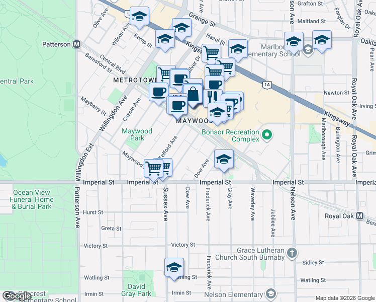 map of restaurants, bars, coffee shops, grocery stores, and more near 6608 Sussex Avenue in Burnaby