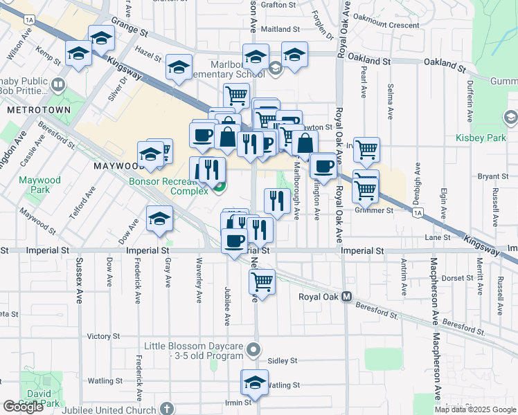 map of restaurants, bars, coffee shops, grocery stores, and more near 6590 Nelson Avenue in Burnaby