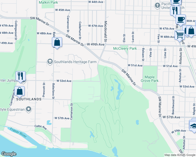 map of restaurants, bars, coffee shops, grocery stores, and more near 6749 Macdonald Street in Vancouver