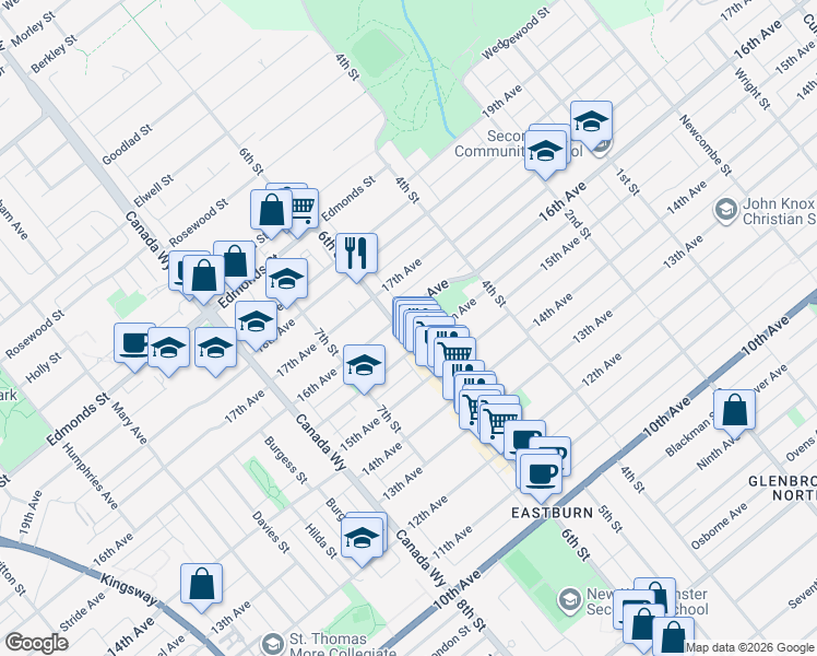 map of restaurants, bars, coffee shops, grocery stores, and more near 7520 6th Street in Burnaby