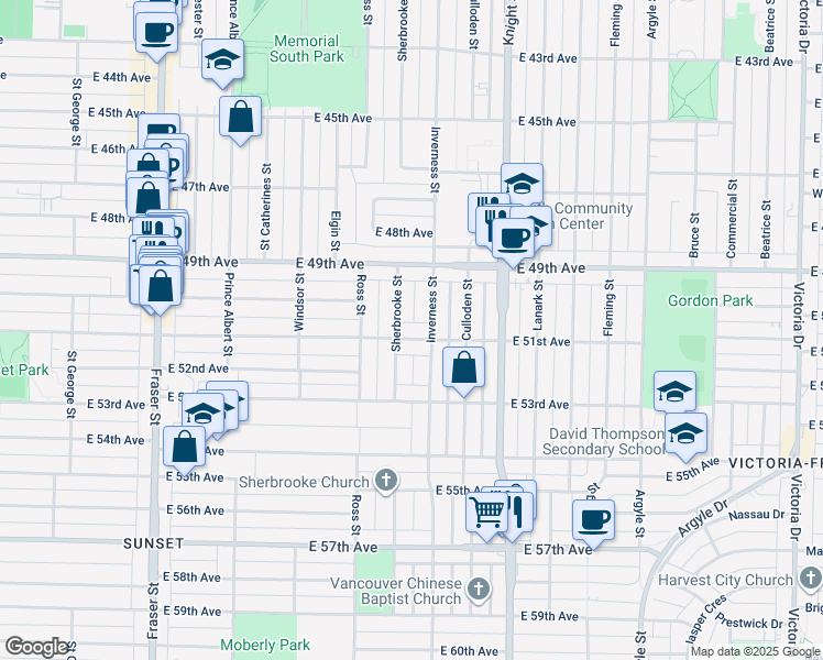 map of restaurants, bars, coffee shops, grocery stores, and more near 1245 East 51st Avenue in Vancouver