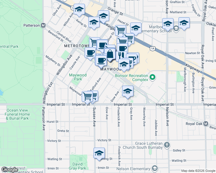 map of restaurants, bars, coffee shops, grocery stores, and more near 6608 Sussex Avenue in Burnaby