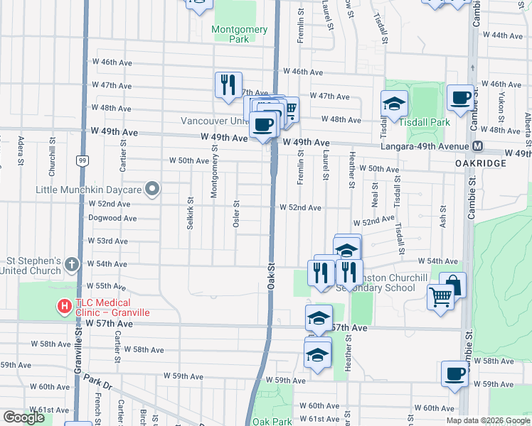 map of restaurants, bars, coffee shops, grocery stores, and more near 6815 Oak Street in Vancouver