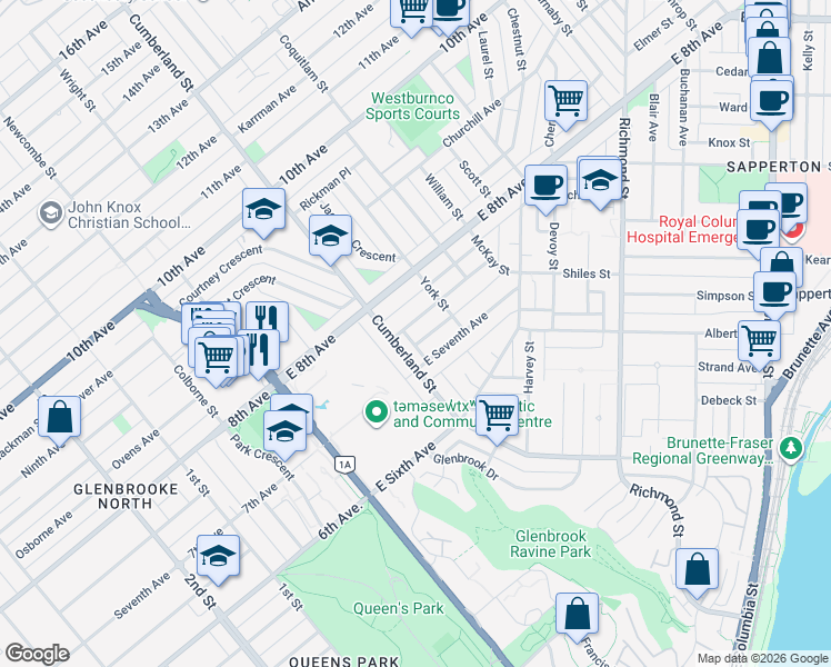map of restaurants, bars, coffee shops, grocery stores, and more near 112 East Durham Street in New Westminster