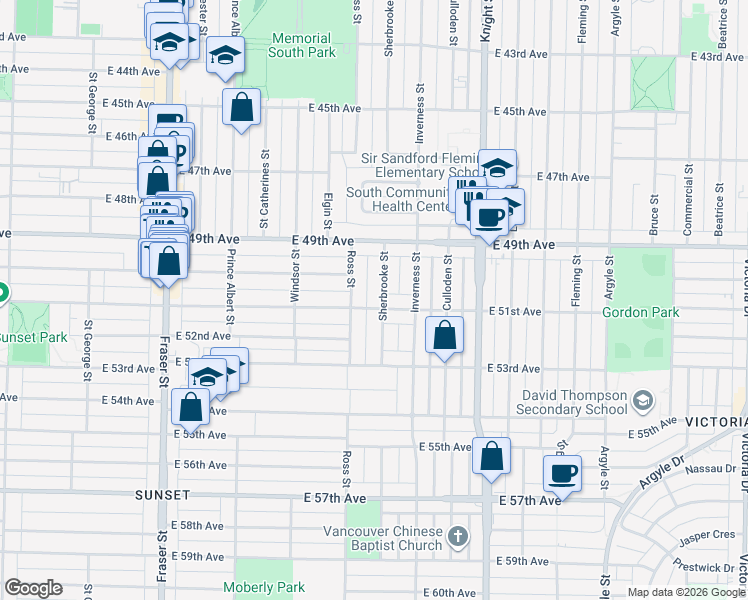 map of restaurants, bars, coffee shops, grocery stores, and more near 6681 Sherbrooke Street in Vancouver