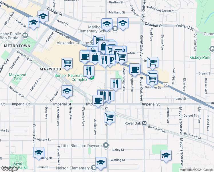 map of restaurants, bars, coffee shops, grocery stores, and more near in Burnaby