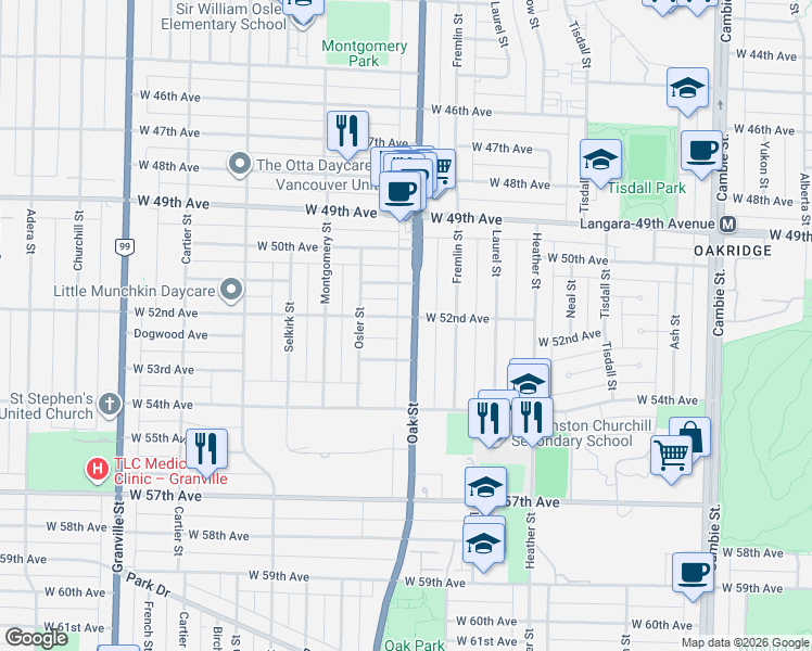 map of restaurants, bars, coffee shops, grocery stores, and more near 6815 Oak Street in Vancouver
