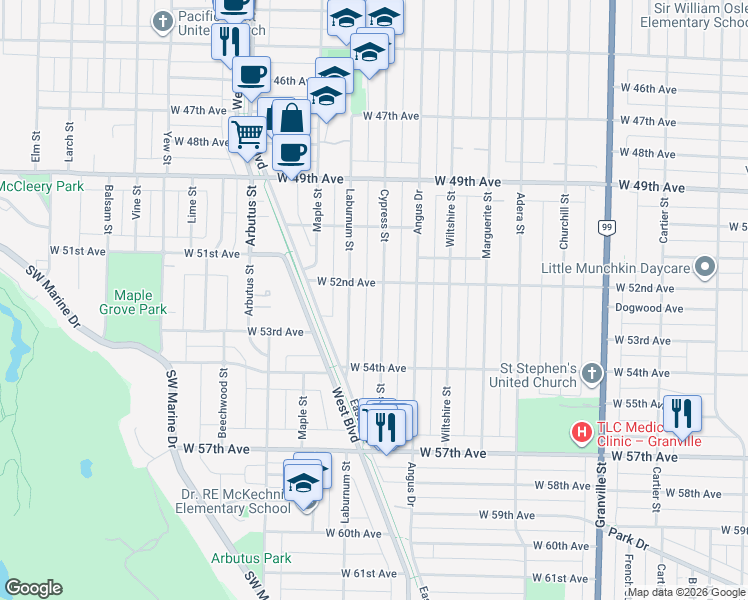 map of restaurants, bars, coffee shops, grocery stores, and more near 6807 Cypress Street in Vancouver