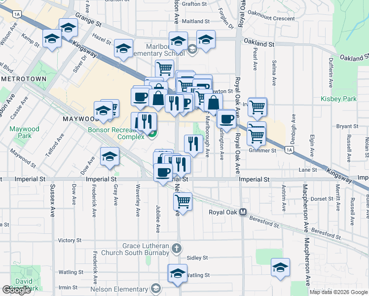 map of restaurants, bars, coffee shops, grocery stores, and more near 6588 Nelson Avenue in Burnaby