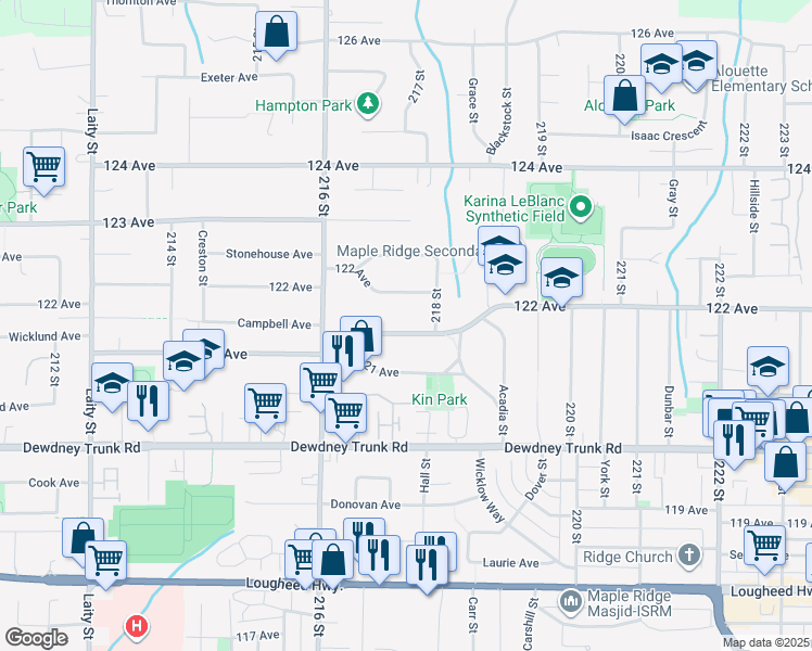 map of restaurants, bars, coffee shops, grocery stores, and more near 21727 Mountainview Crescent in Maple Ridge