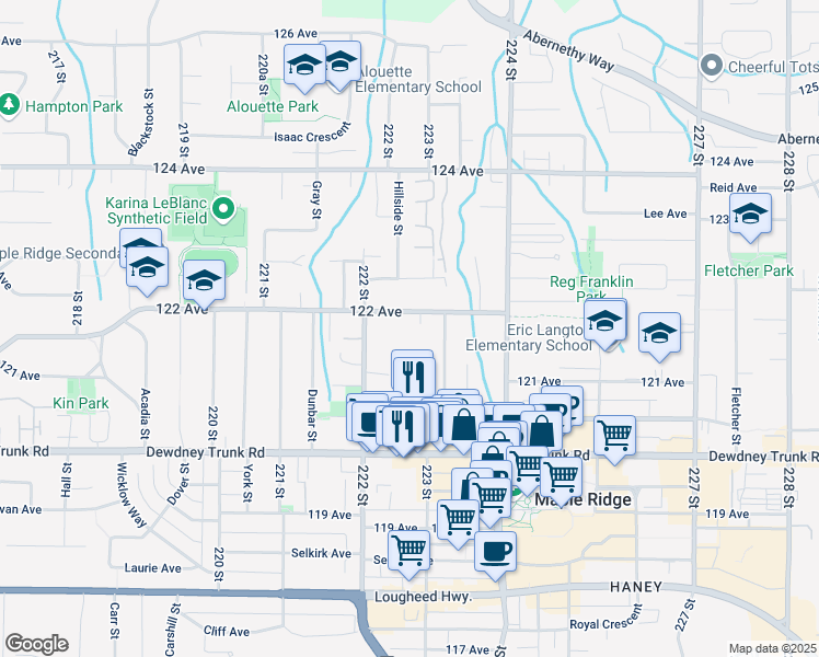 map of restaurants, bars, coffee shops, grocery stores, and more near 22260 122 Avenue in Maple Ridge
